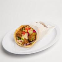 Falafel Wrap · Crispy fried garbanzo beans with   tahini sauce ,  Fresh Lettuce, Tomatoes  , Pickles and Re...