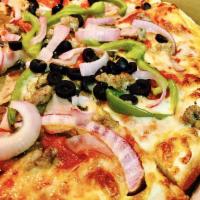 Homerun... Baby! Pizza · Pepperoni, Canadian bacon, Italian sausage, black olives, green peppers, fresh mushrooms, on...
