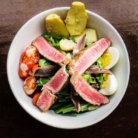 Salade Nicoise · fresh tuna, fingerling potatoes, cherry tomatoes, string beans, anchovies, hard boiled egg, ...