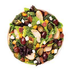 Farmer's Market Salad · Our Chef-inspired Farmers Market features a recommended base of our Super Greens Blend. It is served with Roasted Turkey, Roasted Butternut Squash, Roasted Brussels Sprouts, Smoky Bacon, Red Grapes and Feta Cheese. We recommend our Balsamic Vinaigrette dressing.