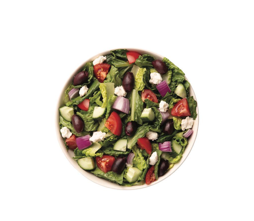 Classic Greek Salad · Our Classic Greek Salad starts with a a recommended base of Romaine/Iceberg Blend and features a fresh, zesty and light mixture of Diced Tomatoes, Sliced Cucumbers, Kalamata Olives, Diced Red Onions and Feta Cheese. We recommend our Greek Vinaigrette.