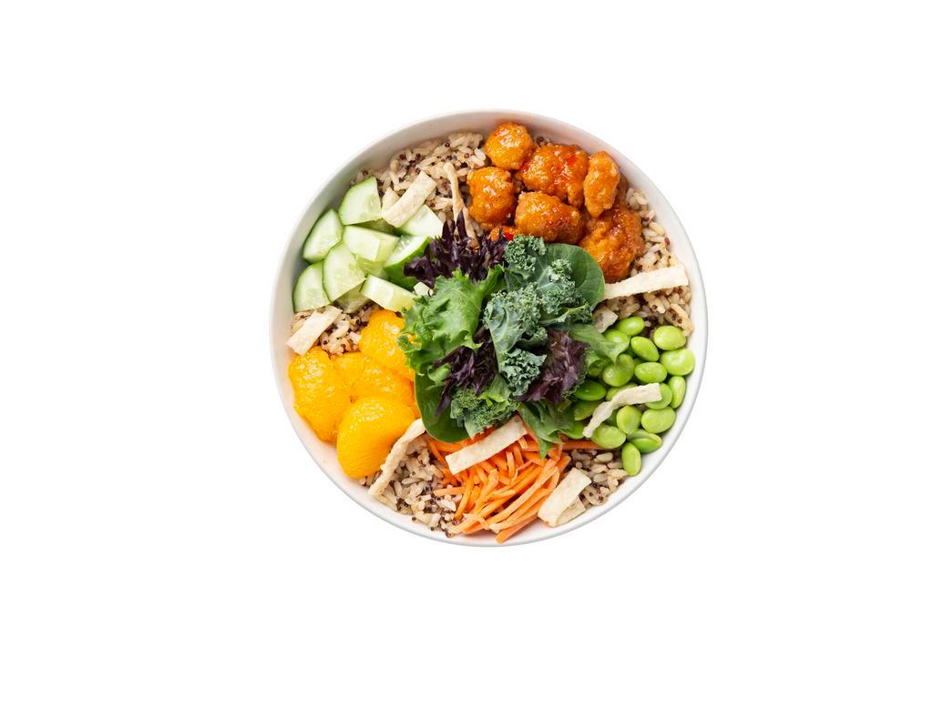 Asian Crispy Chicken Warm Grain Bowl · Our Chef recommends a base of our Super Grains Blend. It is served with Sweet Chili Crispy Chicken, Mandarin Oranges, Sliced Cucumbers, Matchstick Carrots, Edamame and Crispy Wonton Strips. We recommend our Sweet Sesame dressing.
