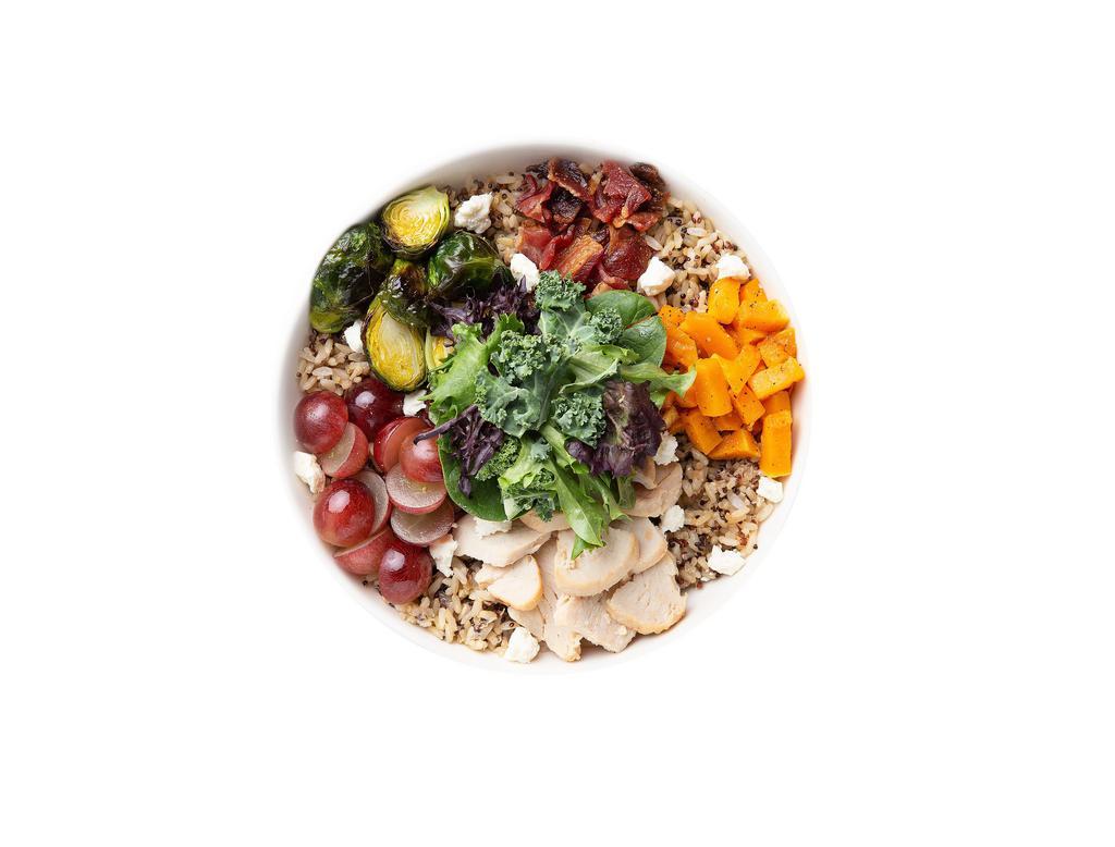 Farmers Market Warm Grain Bowl · Our Chef-inspired Farmers Market features a base of our Super Grains Blend. It is served with Roasted Turkey, Roasted Butternut Squash, Roasted Brussels Sprouts, Smoky Bacon, Red Grapes and Feta Cheese. We recommend our Balsamic Vinaigrette dressing.
