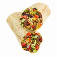Beef Taco Fiesta Wrap · Say Ole’ to the Fiesta: romaine/iceberg blend or super greens blend, warmed braised beef, di...