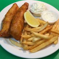 Fish and Chips Special · served with Irish  baked beans, coleslaw, tartar sauce and lemon.