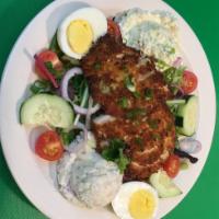 Breaded Chicken Salad · Warm breaded chicken breast, red onion, boiled egg, tomato, potato salad scallion and colesl...
