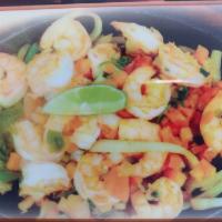 Shrimp Fajitas · Grilled shrimp over a bed of grilled onion, green and red bell peppers. Accompanied by rice,...