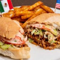 Torta Mexicana · “Torta” sandwich with your choice of meat or style. Stuffed with lettuce, tomato, avocado sl...