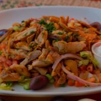 Mediterranean Salad with Chicken Plate · Halal chicken served fresh on Mediterranean salad made daily.