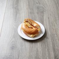 Bacon, Egg and Cheese on a Bagel · 2 egg bagel sandwich with American cheese and bacon.