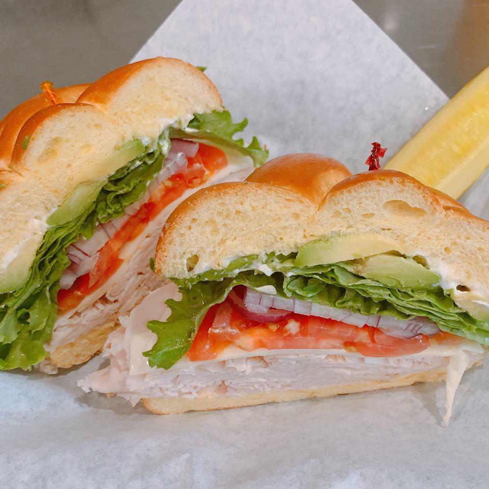 The San Francisco Sandwich · Roasted turkey sliced thin and topped with provolone cheese, fresh sliced avocado, shredded lettuce, tomato, red onion and mayo on bread of choice.