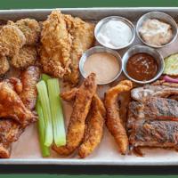Signature Sampler Platter Appetizer | Traditional Wings · Southside Rib Tips, Chicken Tenders, Sweetwater Catfish Fingers, Fried Pickles and Tradition...
