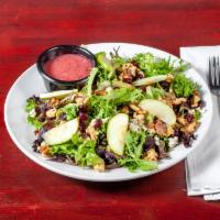 Harvest Salad · Granny smith apples, walnuts, dried cranberries and Gorgonzola tossed with mixed lettuce in ...