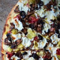 JPCo Veggie Pizza · Broccoli, black olives, onions, peppers, mushrooms and artichokes.