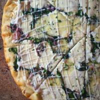 Spinach Artichoke Dip Pie · Garlic oil base topped with spinach artichoke dip, fresh mozzarella and Pecorino Romano.