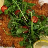 Chicken Milanese · Over baby arugula, red onions, tomatoes, lemon and olive oil. Served over pasta with a side ...