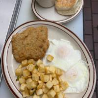 Country Breakfast Combo Platter · Country Fried Steak, Two eggs, Southern Browns, sausage gravy and a biscuit