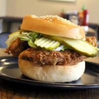 The Poultrygeist · hand-breaded + fried chicken, pickle, lettuce, mayo