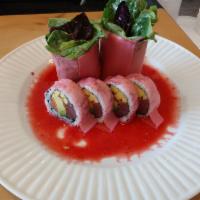 Fantastic Roll · tuna , salmon ,mango , avocado and deep fried onion inside .top w mix green salad .serve sta...