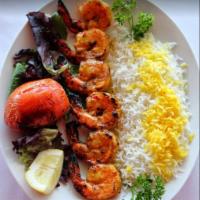 Shrimp Kabob · A skewer of jumbo shrimp marinated in a special sauce, seasoned with lemon saffron sauce and...