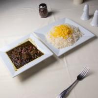 Khoresht Ghormeh Sabzi · Cubed beef, special herbs, kidney beans, sun-dried lime and a variety of spices.