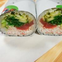 2. Tuna Love Sushi Burrito · Sushi rice, tuna, lettuce, cucumber, seaweed salad, crab salad, edamame, avocado, yellow pic...