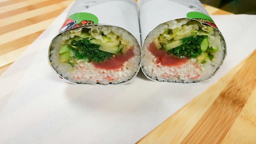 2. Tuna Love Sushi Burrito · Sushi rice, tuna, lettuce, cucumber, seaweed salad, crab salad, edamame, avocado, yellow pickled radish