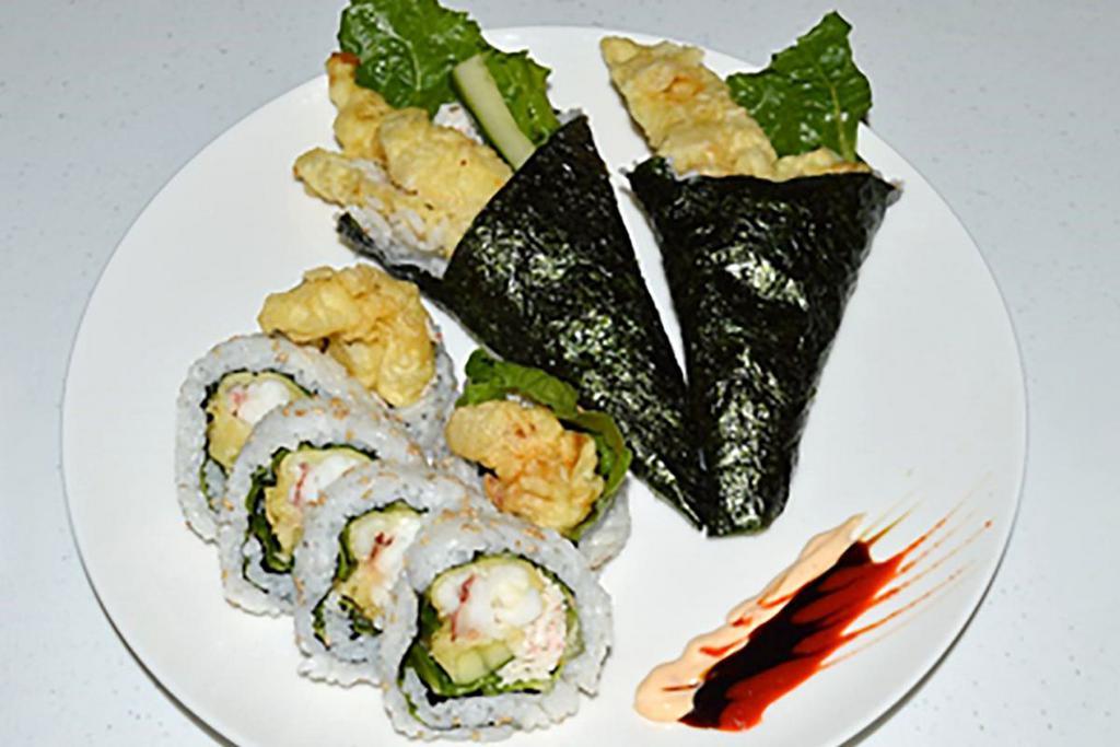 Lobster Roll · Lobster tempura, krab, cucumber, romaine lettuce.  Comes with one Lobster Roll and two Lobster Hand Rolls.