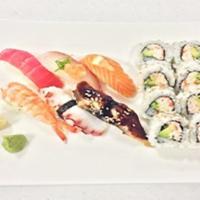 Sushi Combination · California† Roll served with a piece of tuna, salmon, snapper, eel, shrimp and octopus nigiri.