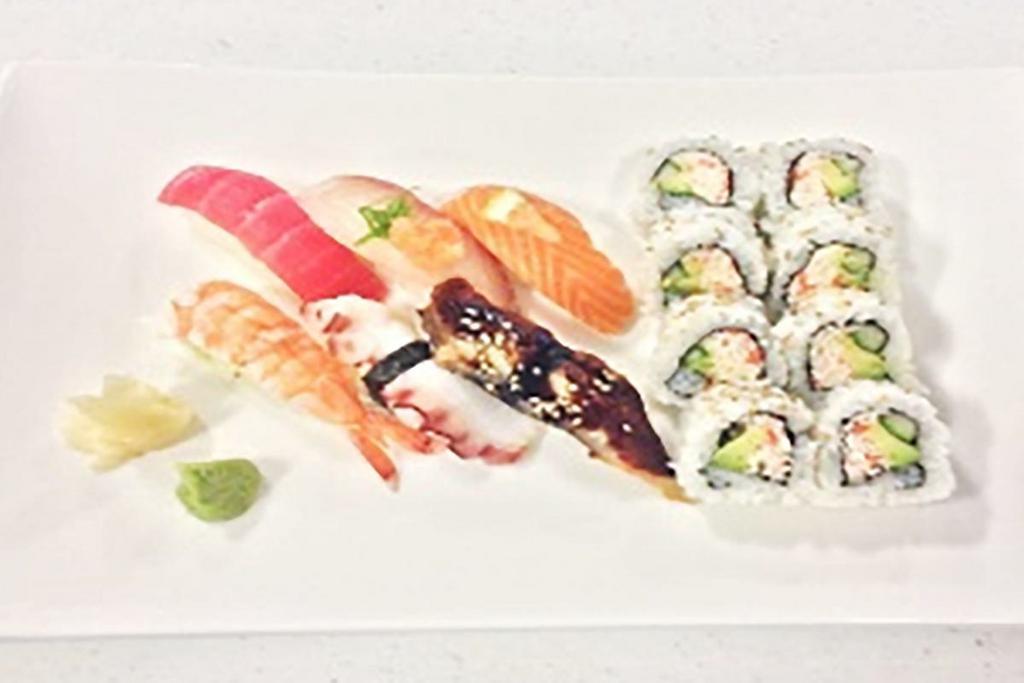 Sushi Combination · California Roll served with a piece of tuna, salmon, snapper, eel, shrimp and octopus nigiri.
