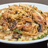 Chicken Yakisoba · Japanese sautéed noodles with chicken and mixed vegetables in a special sauce and sprinkled ...
