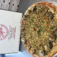 Large Baked Clam Pie · Fresh clams in garlic and oil with lemon juice, topped with bred crumbs.