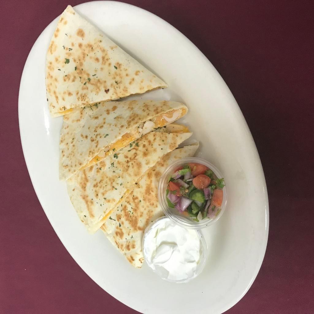 Cheese Quesadilla · Cheese blend and chipotle ranch served with salsa and sour cream. Add chicken for extra charge.