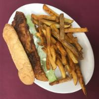 Fish Sandwich · Beer batter cod filet, lettuce and tarter sauce on a hoagie bun