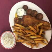 Fish and Chips · Beer battered cod, cabbage slaw, hand-cut fries and tartar sauce.
