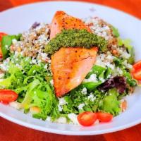 Northwest Salmon Salade · Organic salad greens and French lentils dressed with a light balsamic vinaigrette and tossed...