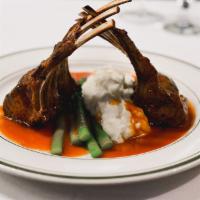 Dinner Baby Lamb Chops · Mashed potatoes, asparagus, and demi-glace.