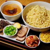 TsukeMen Sio · Homemade Sio and Roasted garlic-flavored pork dipping sauce. Thick noodles.