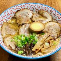 Chicken Shoyu ChashuMen · Chicken broth. homemade soy sauce for soup, Extra roasted pork belly, bamboo, scallion, and ...