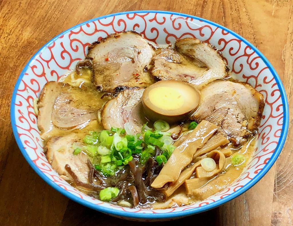 Chicken Shoyu ChashuMen · Chicken broth. homemade soy sauce for soup, Extra roasted pork belly, bamboo, scallion, and egg. Our ordinary noodles are made with flour and egg. It’s possible to change the ordinary noodles for gluten free bean noodle, we recommend reheating.