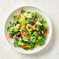 House Salad · Romaine with carrots and shredded red cabbage topped with pepperoncini and Kalamata olives s...