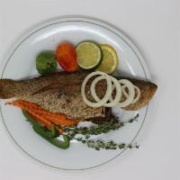 Escovitch Snapper · Fish only. 3/4 lb. snapper seasoned, fried and marinated with a vinegar-based dressing with ...