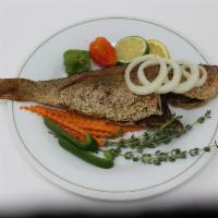 Escovitch Snapper Large Meal · 3/4 lb. snapper seasoned, fried and marinated with a vinegar-based dressing with julienned b...