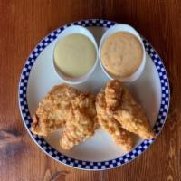 Hudsons Finger Lickin' Chicken Strips · Organic, non-GMO, free range chicken breast with BBQ and honey mustard sauces for dipping.