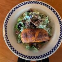 Black ‘n Bleu Wild Salmon Salad · Lightly Blackened Wild Copper River Salmon with Oregon blueberries, bleu cheese crumbles, Am...
