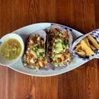 Sailor Boy Sea Cod Tacos · Lightly blackened Pacific cod with feta, tequila lime aioli, avocado, and cucumber pico de g...