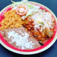 Chile Relleno Combo · One Large Egg Battered Pasilla Chile, Deep Fried and stuffed with Cheese, Topped with Tomato...