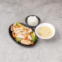 Chicken Teriyaki · Chicken stir-fried with teriyaki sauce. Served with mixed vegetable, miso soup and white rice.