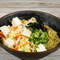 Vegan Ramen · Spinach noodle. Cabbage, broccoli, carrots, bean sprouts, tofu.