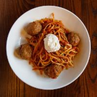 Linguine Meatballs  · Beef and sausage meatballs, pomodoro sauce and roasted garlic ricotta.